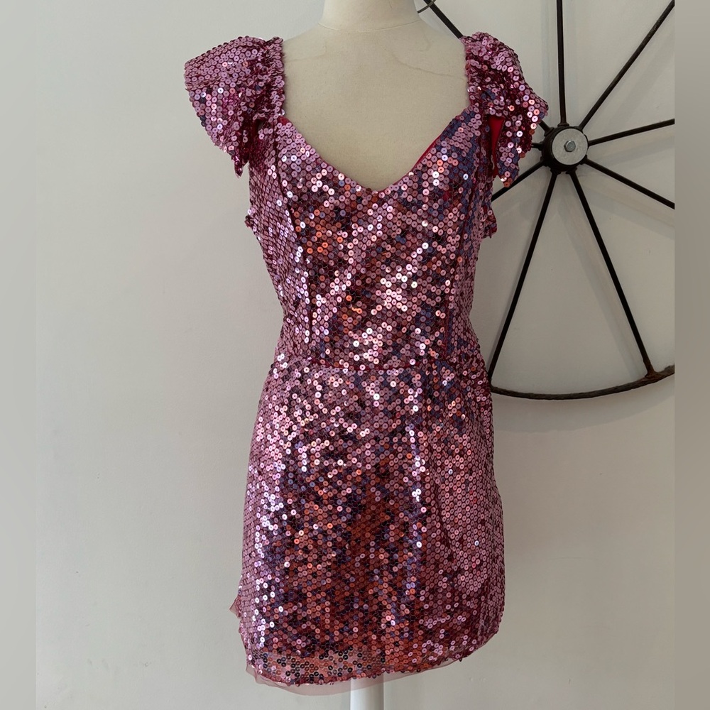 LoveShackFancy Alva pink sequin ruffle sleeve mini dress $575 with tags read - Picture 3 of 14